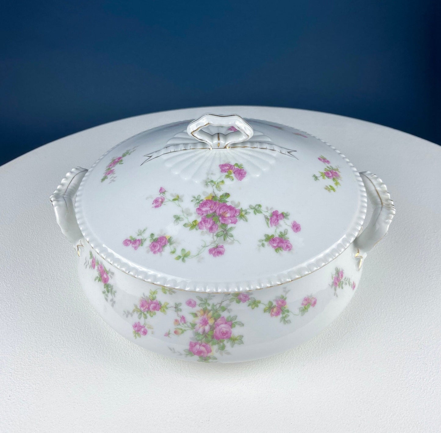 Antique Porcelain Tureen with Pink Roses