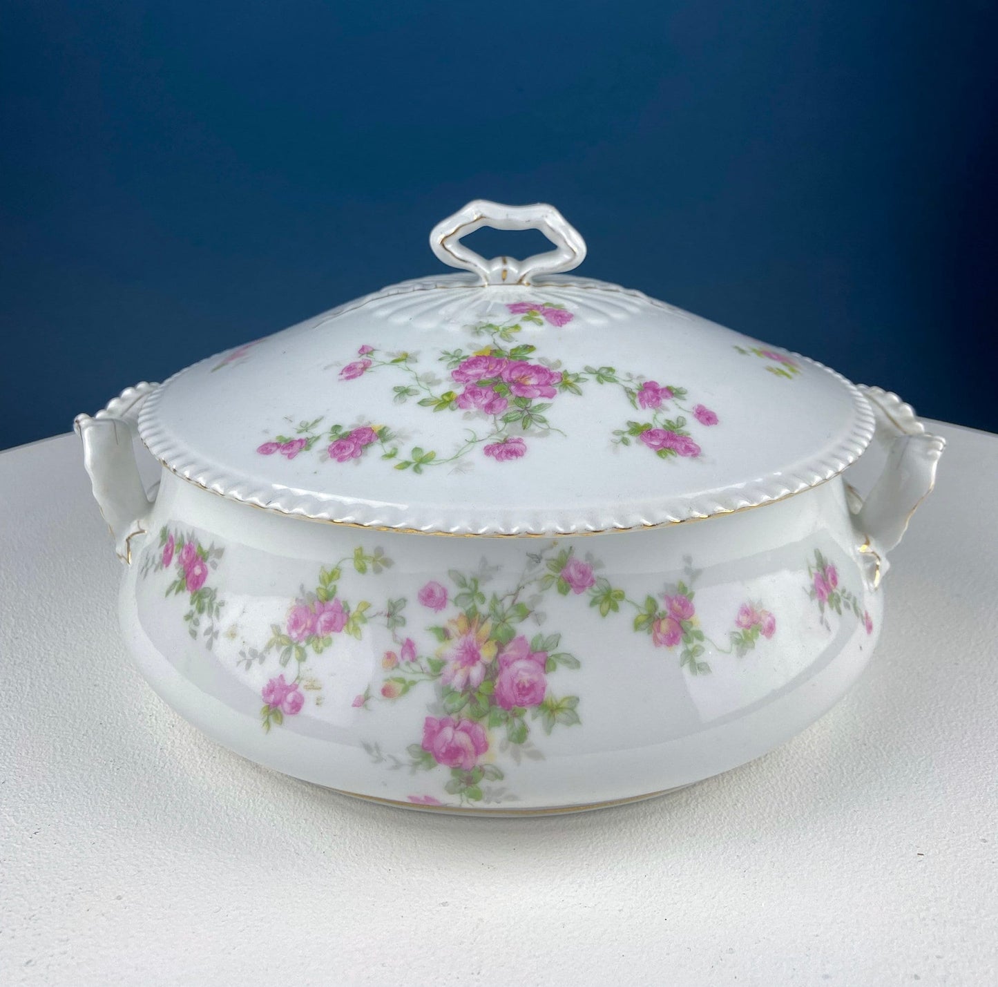 Antique Porcelain Tureen with Pink Roses