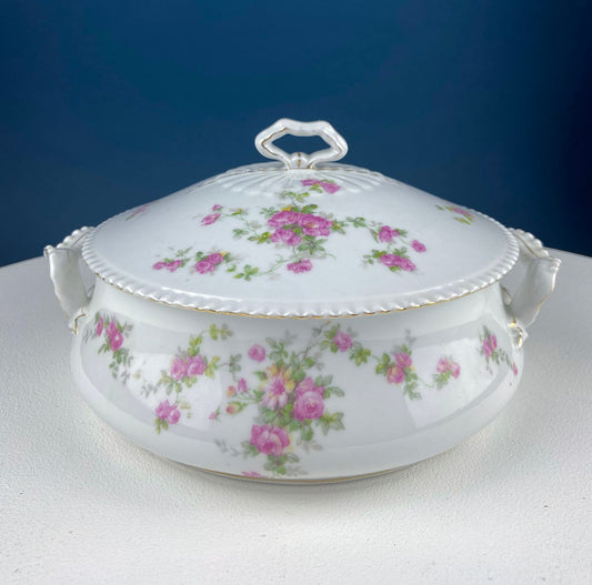Antique Porcelain Tureen with Pink Roses