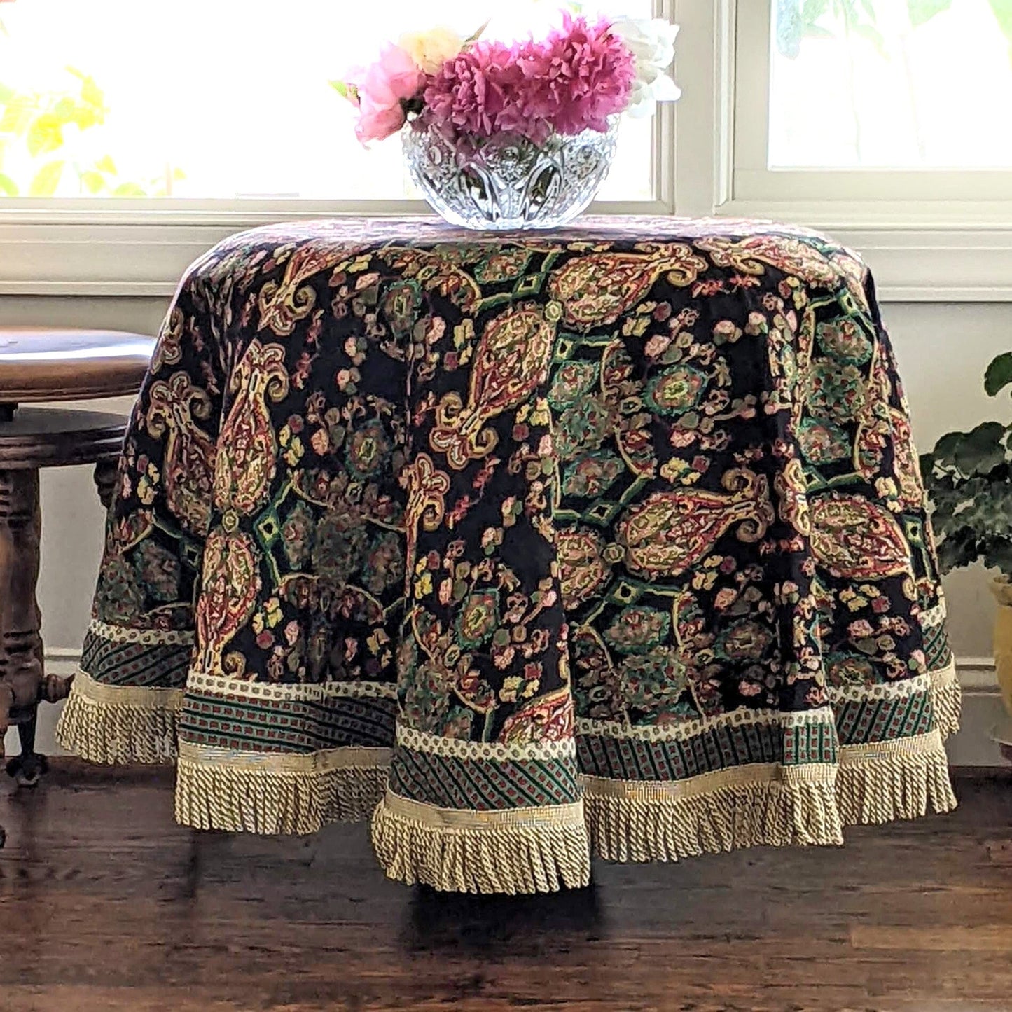 Black Ornate Paisley Woven Tapestry Tablecloth