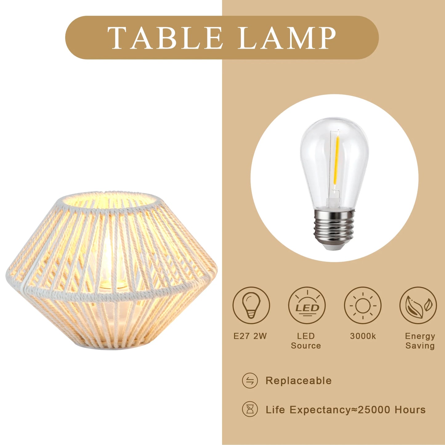 Set of 2 Woven Cotton Rope Table Lamps, Battery operated