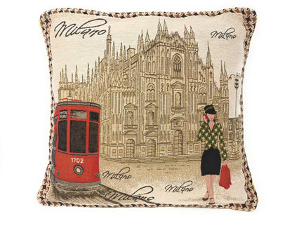 Set of 2-Pieces Postcard Milan Tapestry Throw Pillow Covers w/ Inserts, 18" x 18"