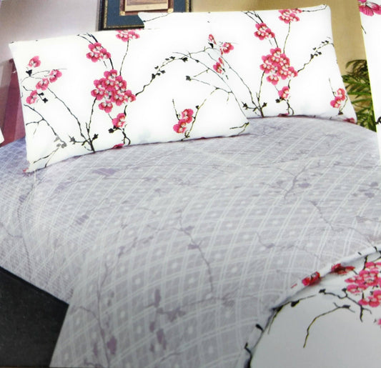 Floral Cherry Blossoms Red Purple Fitted Sheet & Pillow Cases Set