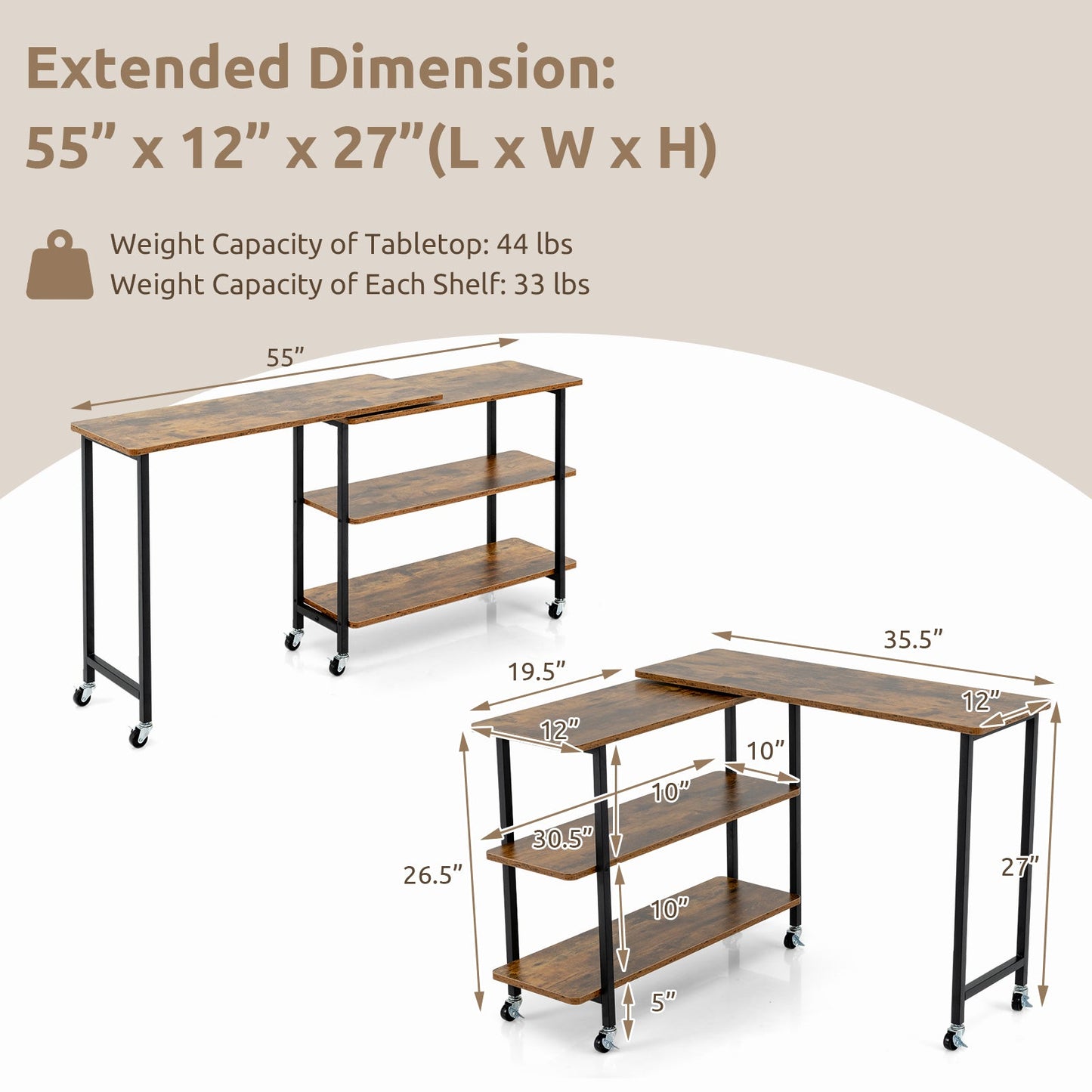 Rotating Sofa Side Table w/2-Tier Shelves