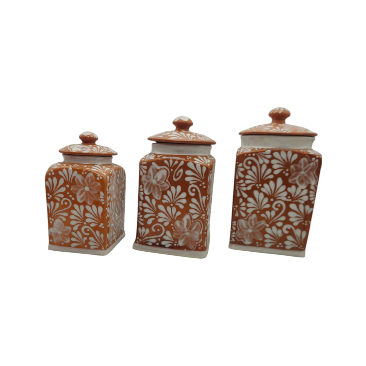 Talavera Canister Set | Brown & White Floral Kitchen Decor