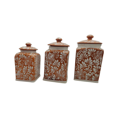 Talavera Canister Set | Brown & White Floral Kitchen Decor