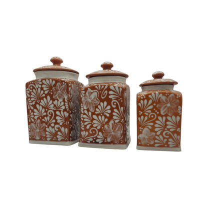 Talavera Canister Set | Brown & White Floral Kitchen Decor