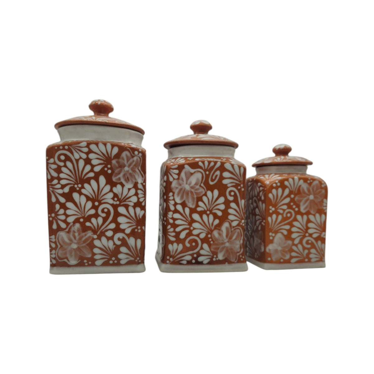 Talavera Canister Set | Brown & White Floral Kitchen Decor