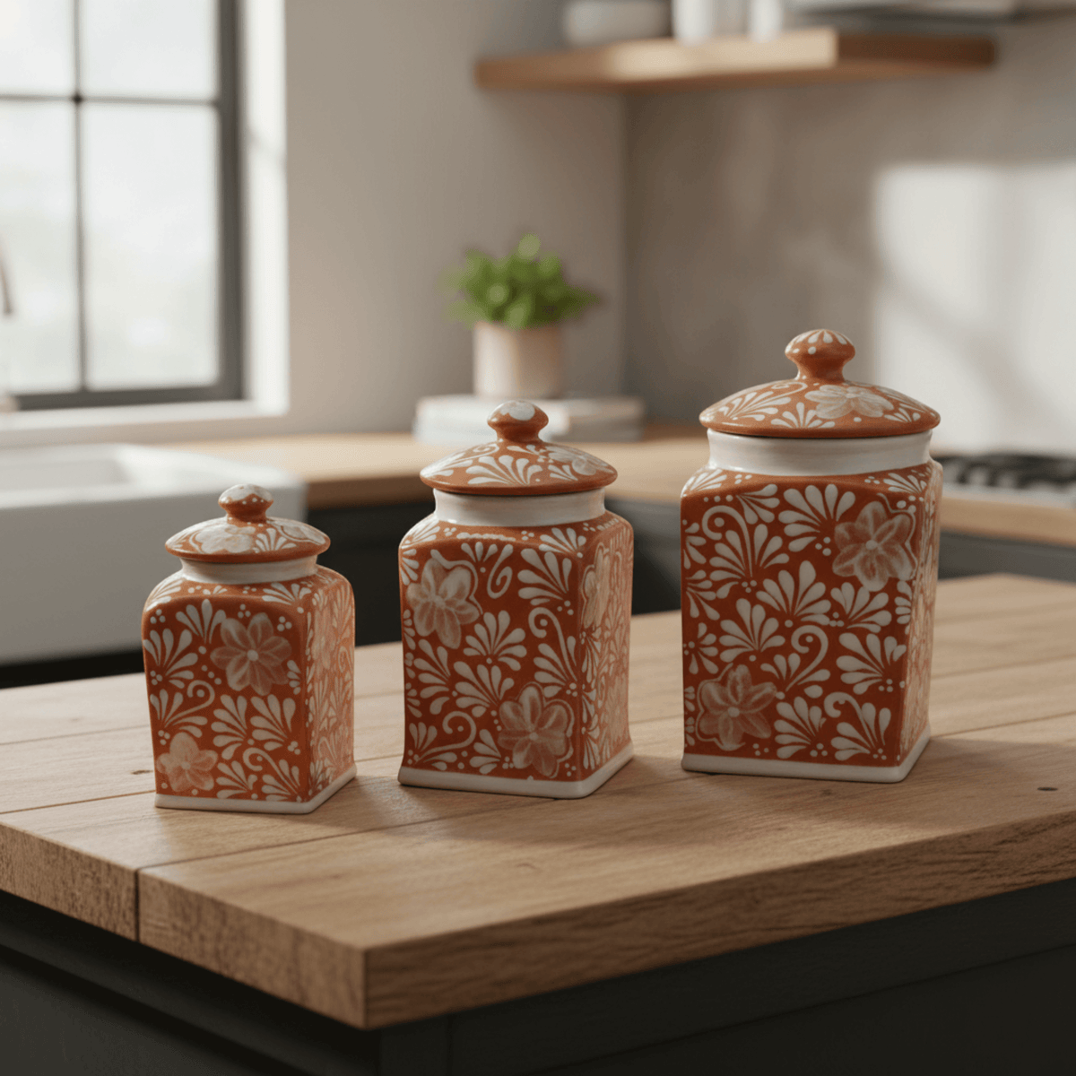 Talavera Canister Set | Brown & White Floral Kitchen Decor