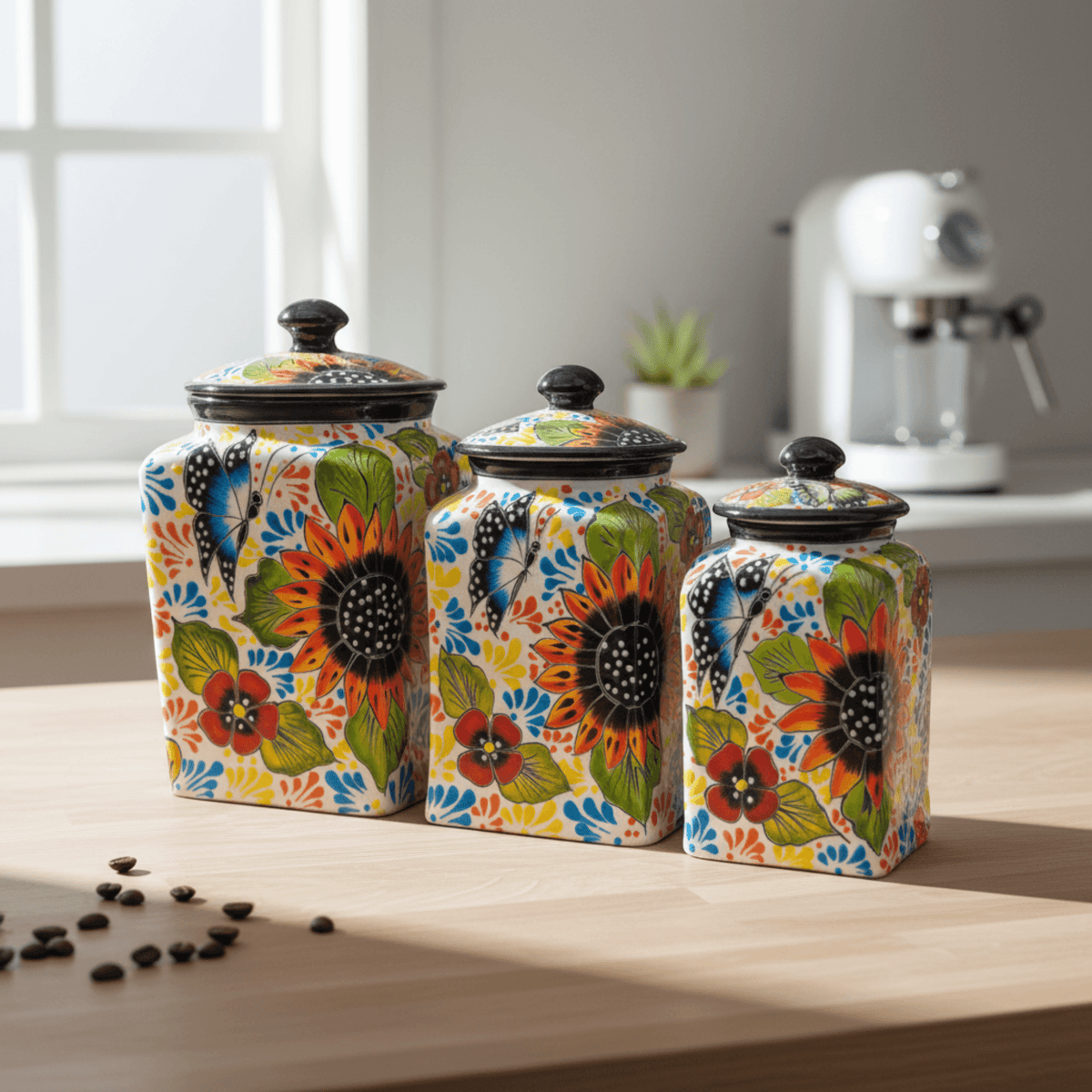 Talavera Canister Set | Sunflower Butterfly Kitchen Decor