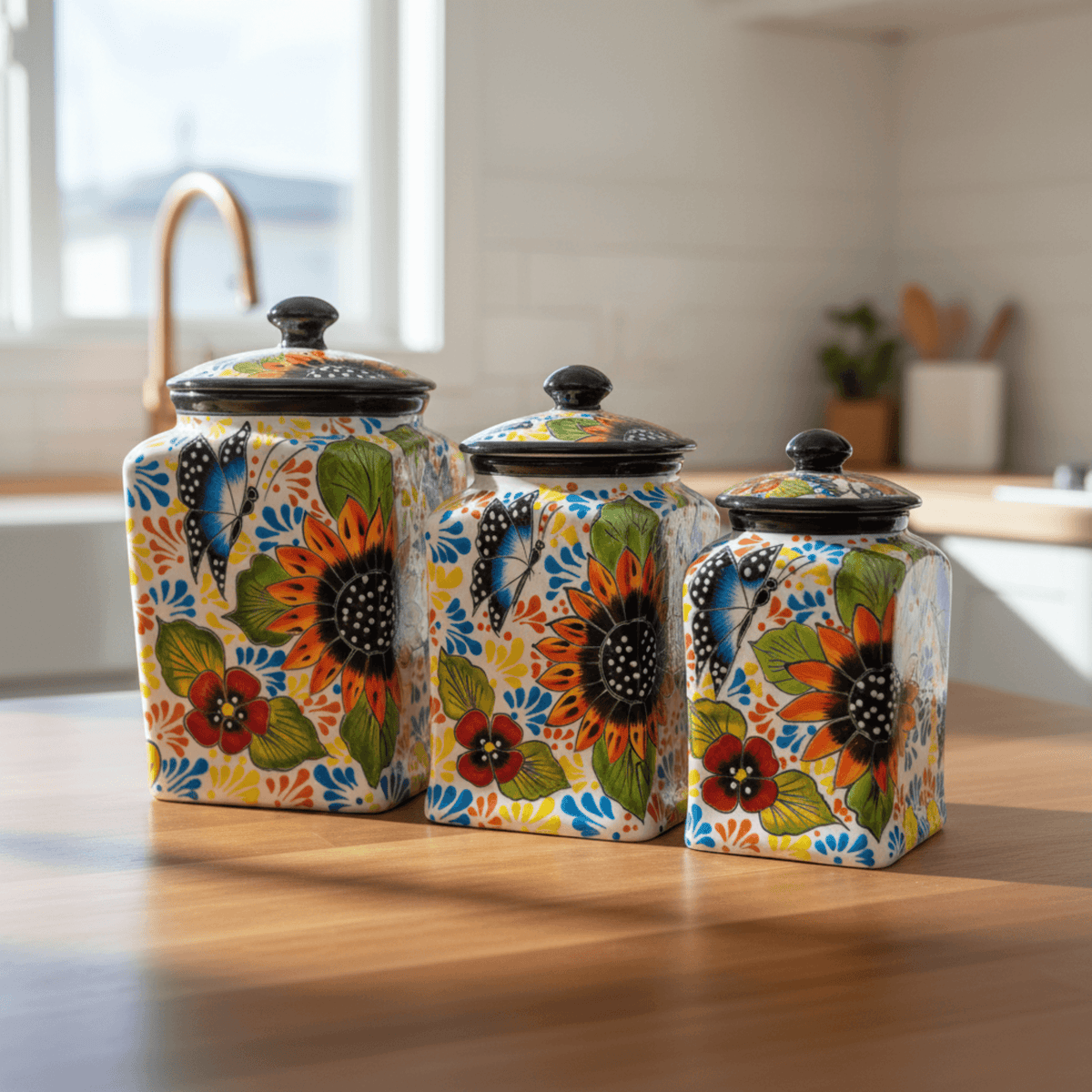 Talavera Canister Set | Sunflower Butterfly Kitchen Decor