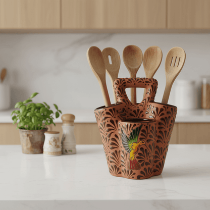 Talavera Utensil Holder | Relief Bird Design