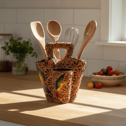 Talavera Utensil Holder | Relief Bird Design