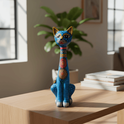 Tall Alebrije Cat Statue | Floral Folk Art Design