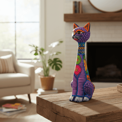 Tall Alebrije Cat Statue | Floral Folk Art Design