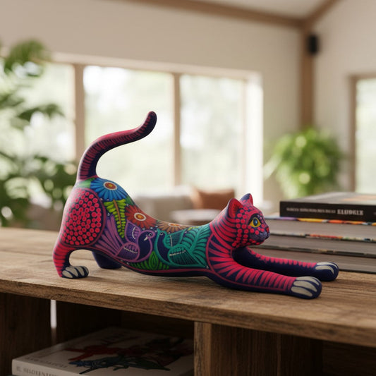 Alebrije Stretching Cat Figurine