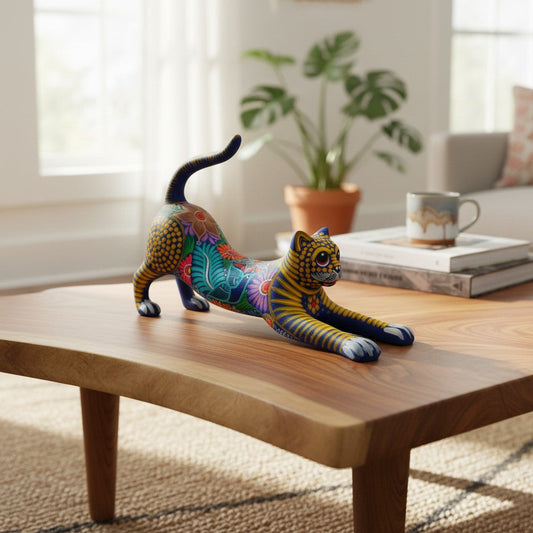 Alebrije Stretching Cat Figurine