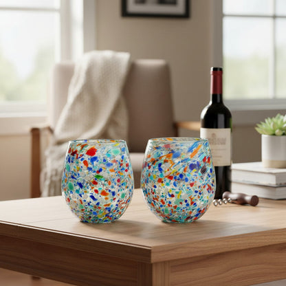 Handblown XL Stemless Wine Glass w/ Confetti Pattern