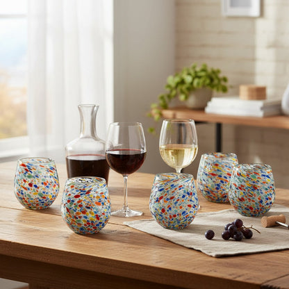 Handblown XL Stemless Wine Glass w/ Confetti Pattern