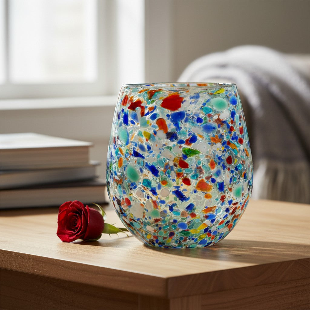 Handblown XL Stemless Wine Glass w/ Confetti Pattern