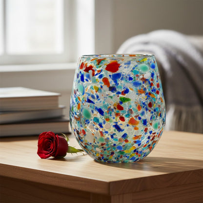 Handblown XL Stemless Wine Glass w/ Confetti Pattern