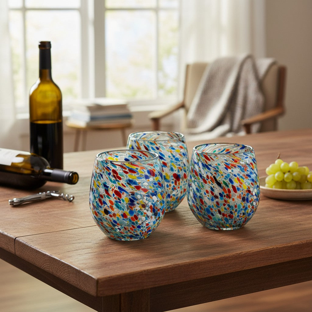 Handblown XL Stemless Wine Glass w/ Confetti Pattern