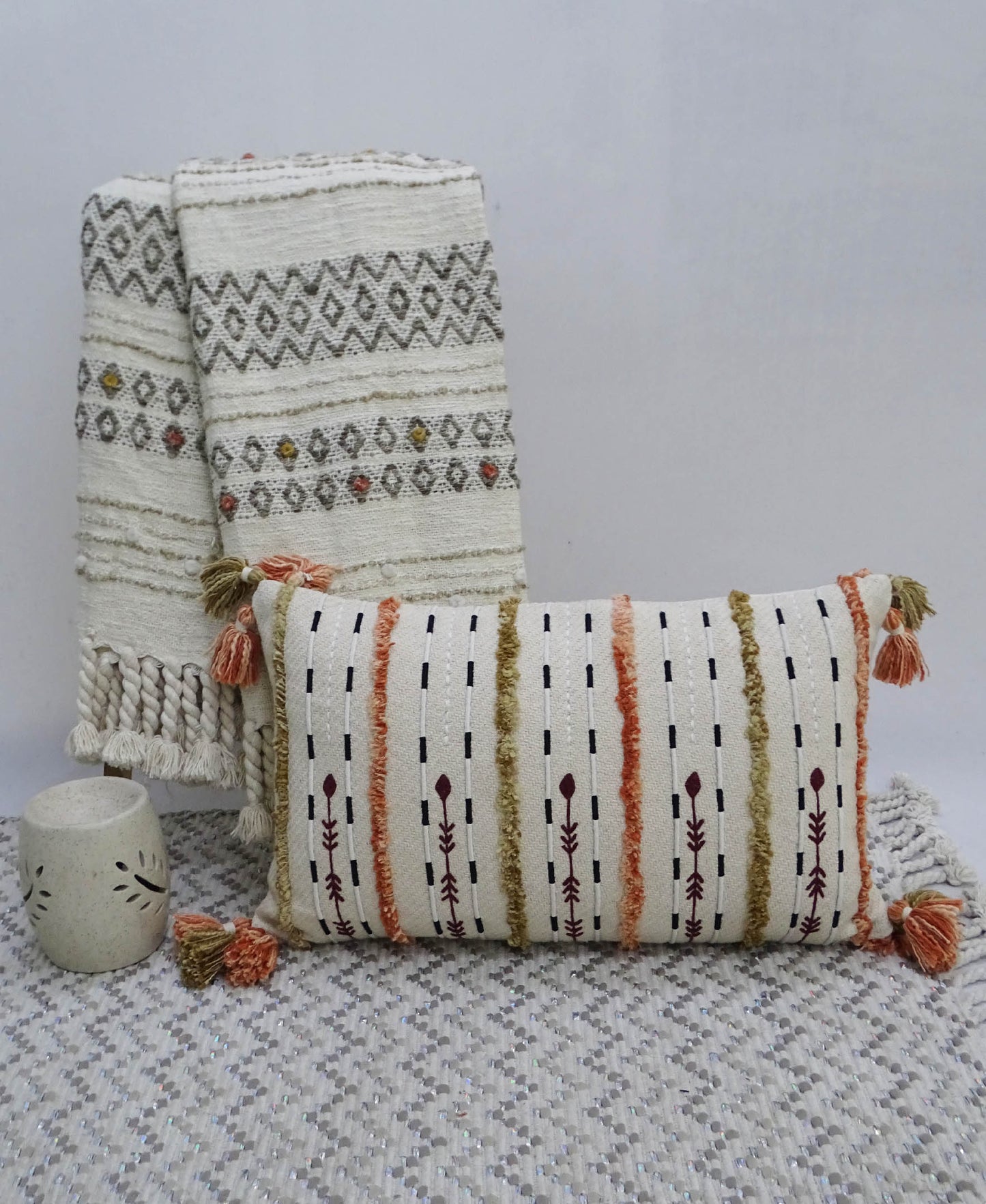Handwoven Throw & Pillow with Fringes