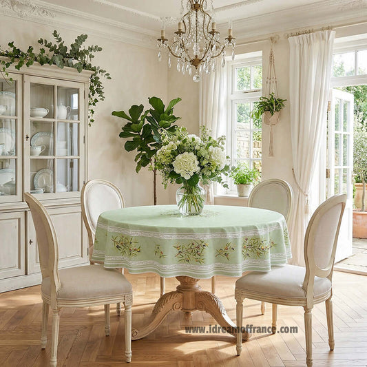 French Provencal tablecloth - Cotton, natural or acrylic-coated - 70" round, green